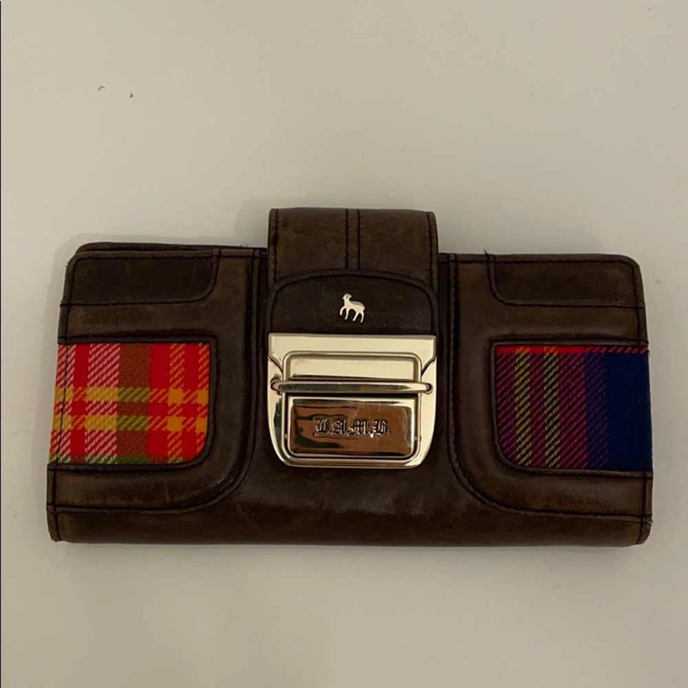 Leather wallet with plaid detail